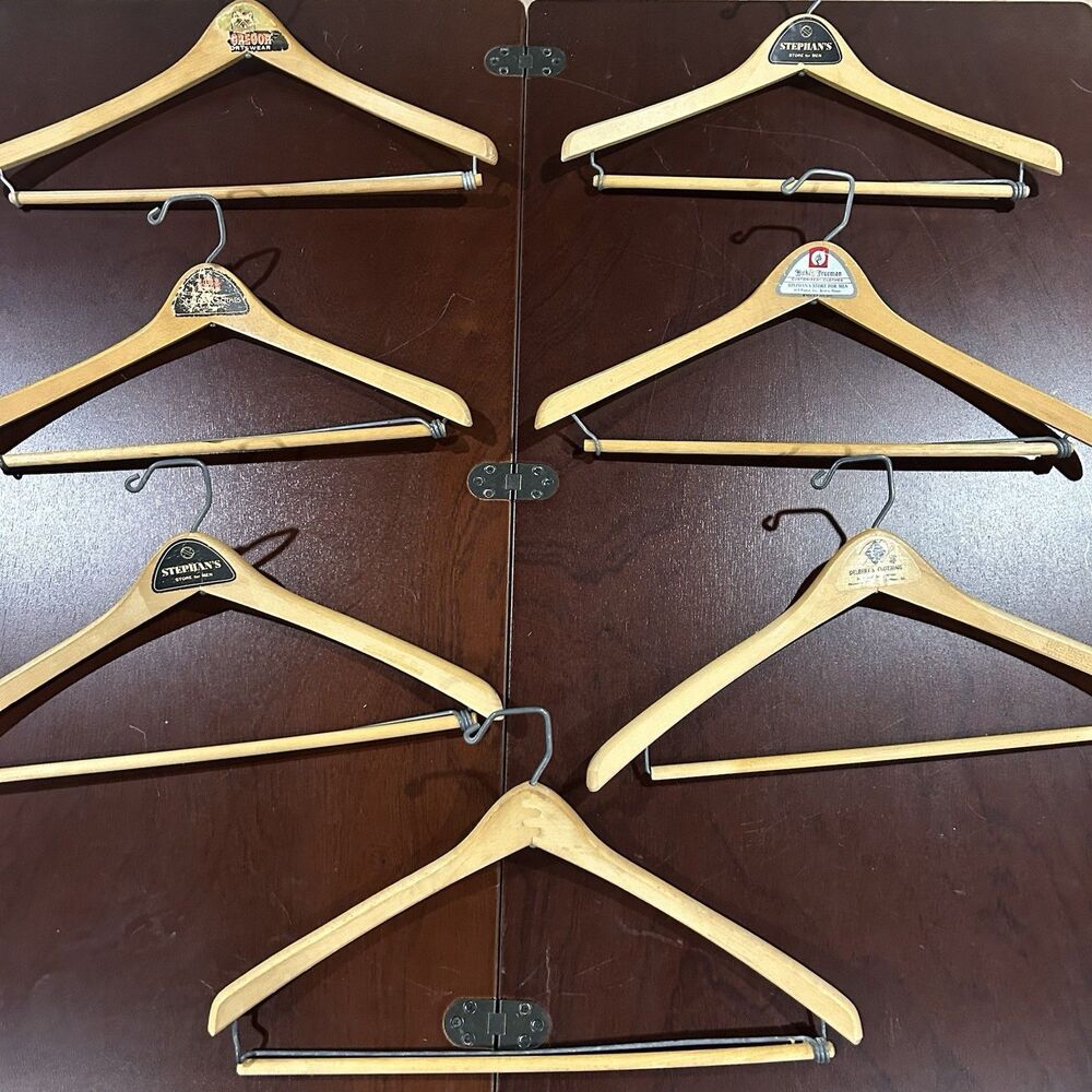 Lot 7 Vintage Wood Hangers Store Advertising Logos Wood Bar Metal Supports
